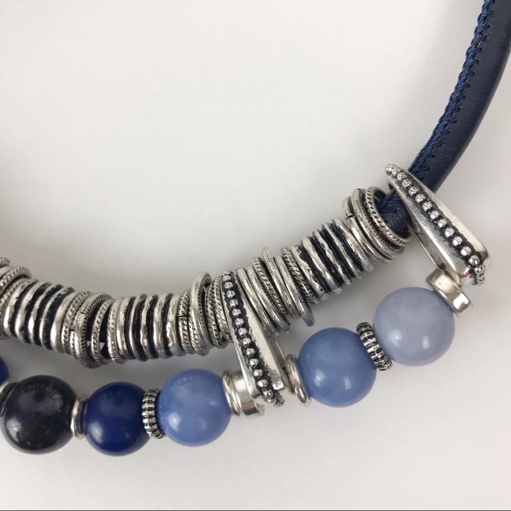 Chico’s Blue Bead & Silver Necklace Blue Leather - Picture 5 of 6